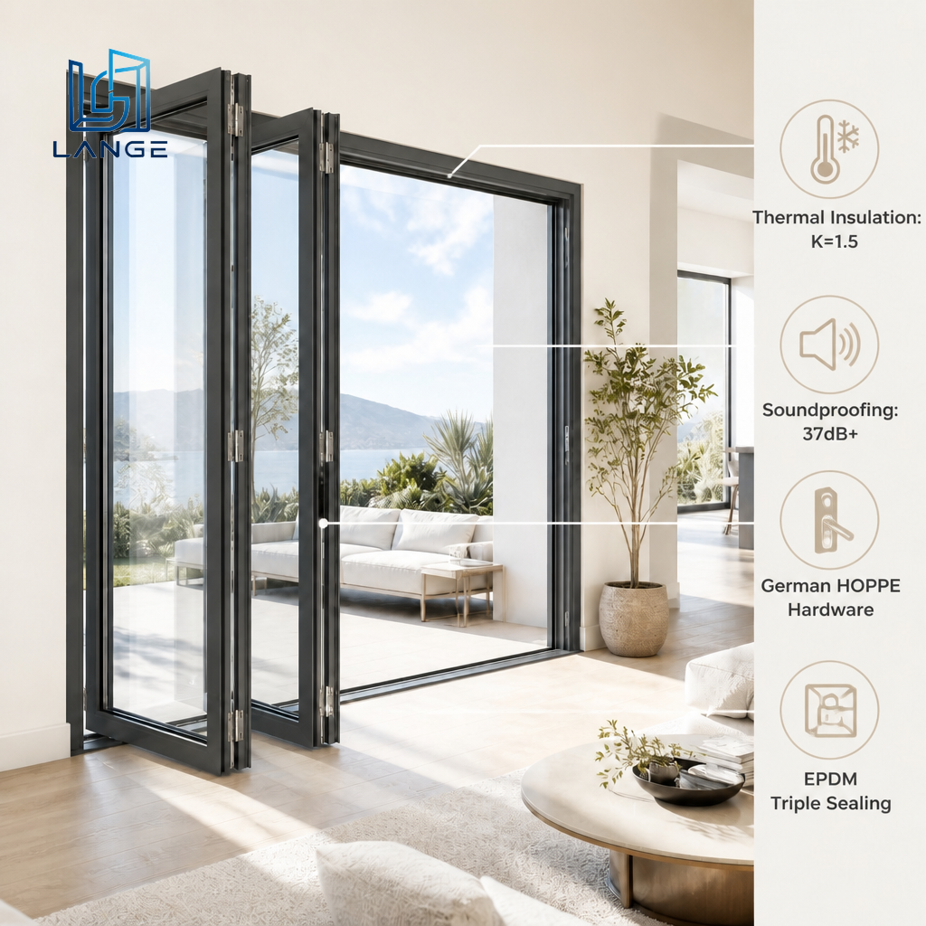 Modern Thermal Break Aluminum Folding Door Double Glazed Bi-fold Patio Door for Residential Villa