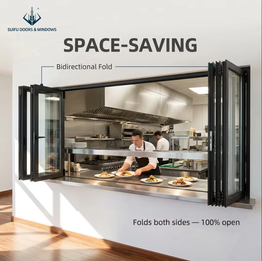 Kitchen Servery Horizontal Folding Window System Space-Saving Seamless Indoor-Outdoor Aluminum Window