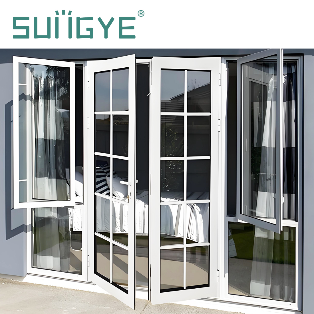 SUNGYE French Style Casement Swing Door Double Tempered Glass Exterior Aluminium Hinged Swing Door with Decorative Grid