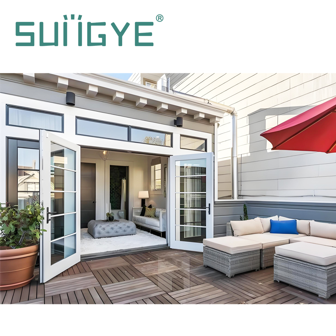 SUNGYE French Style Casement Swing Door Double Tempered Glass Exterior Aluminium Hinged Swing Door with Decorative Grid