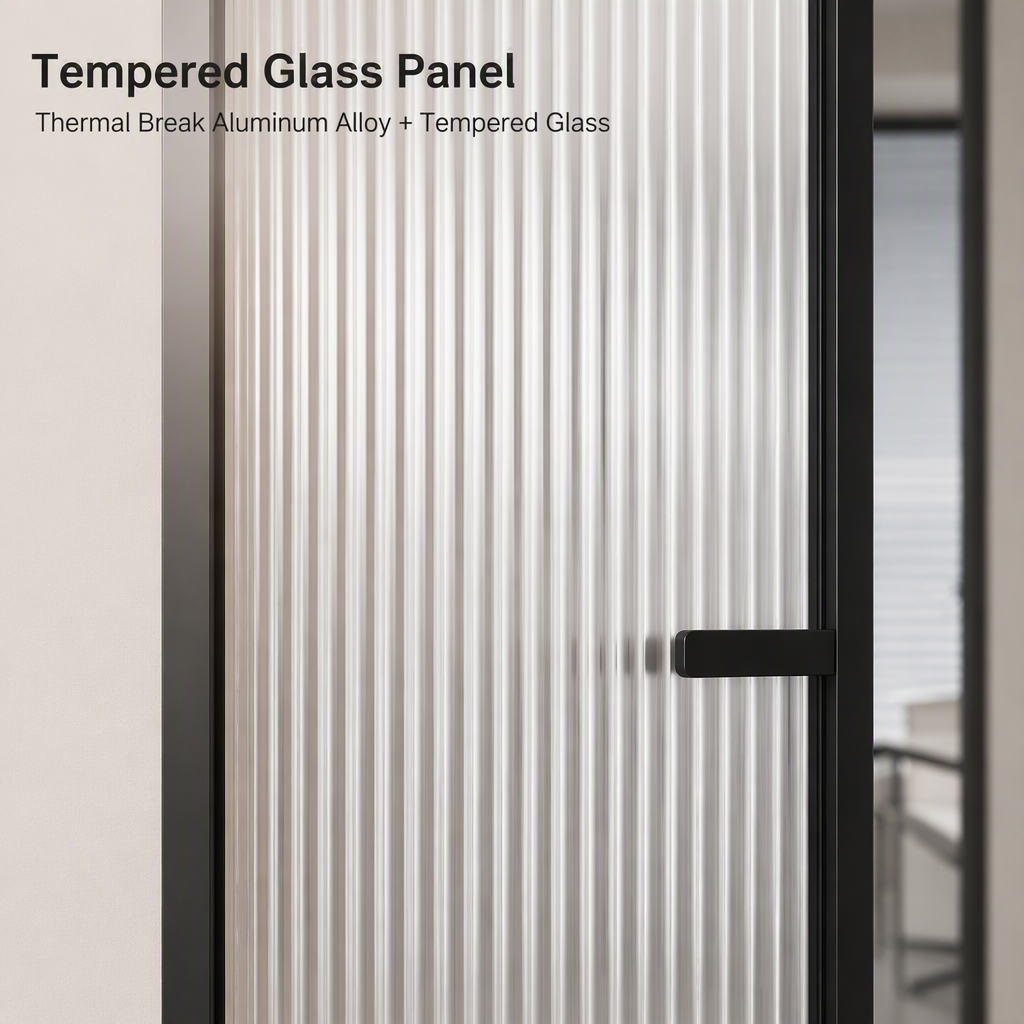 Thermal Break Aluminum Bathroom Door Ribbed Tempered Glass Interior Swing Door Waterproof Custom Size for Hotel Apartment