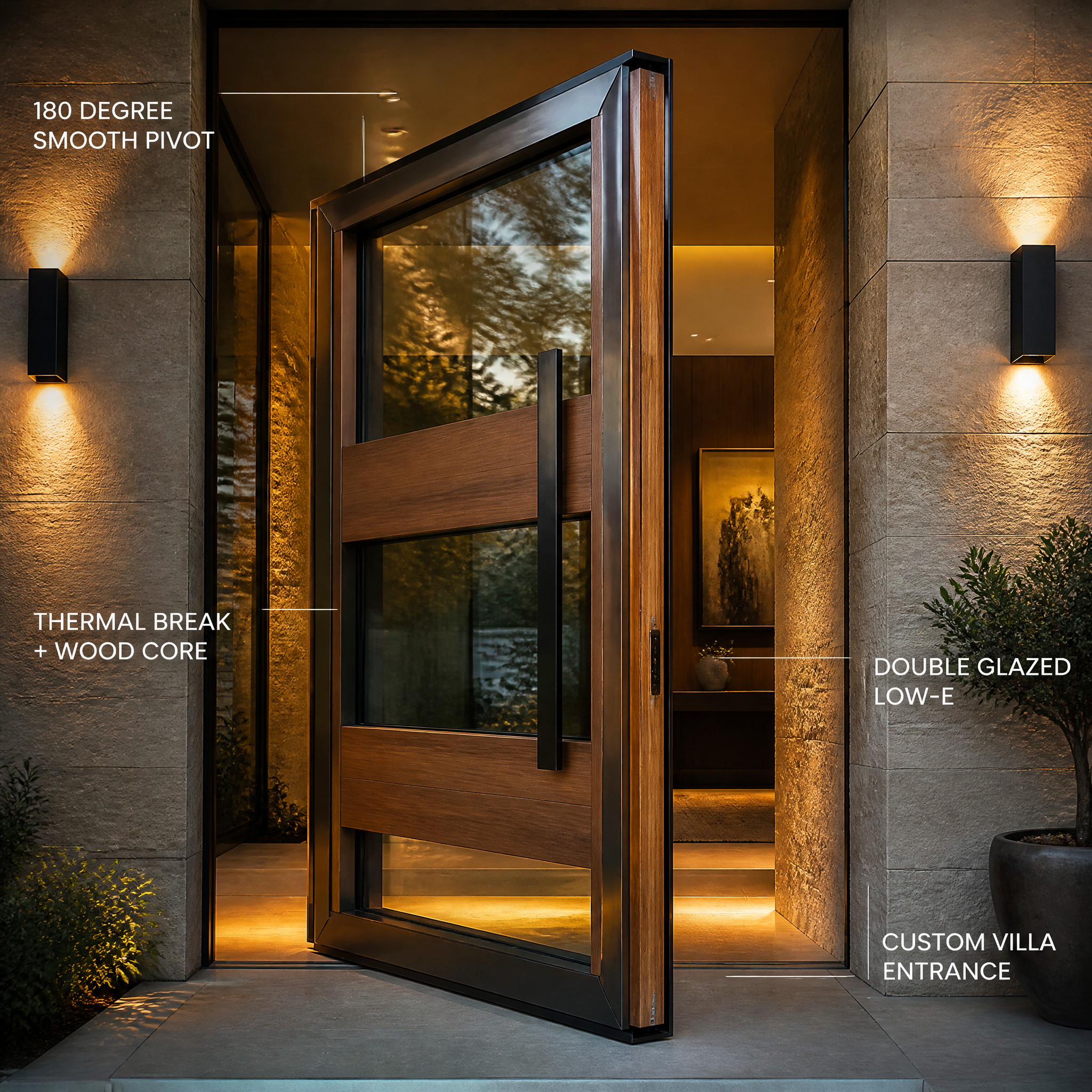 Aluminum Clad Wood Pivot Door Thermal Break Double Glazed Solid Core Modern Main Entrance Door for Villa Custom