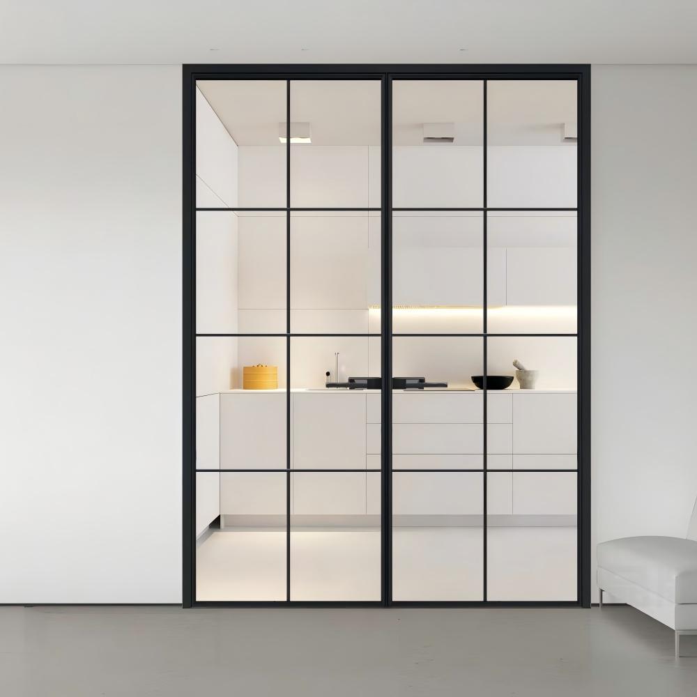 Modern Design Fully Tempered 8mm Glass Interior Partition Door with Aluminum Frame and Black Finish for Apartment Use