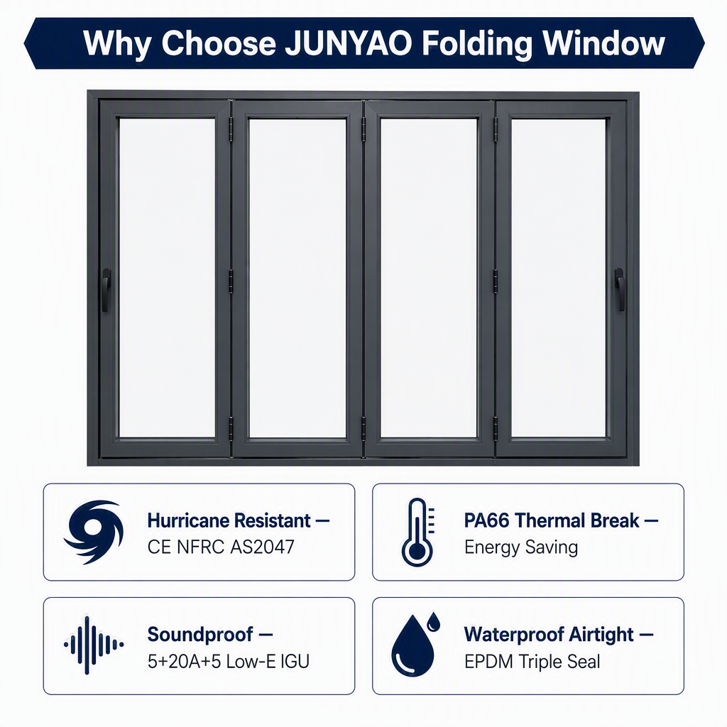 JUNYAO Factory Hurricane Impact Windproof Accordion Folding Window PA66 5+20A+5 Energy Saving NFRC for Event Project