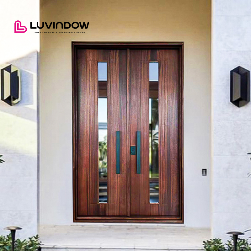 Luvindow Custom USA Villa Modern Design Exterior Solid Wood Main Entry French Door Pivot Aluminum Entry Doors for House