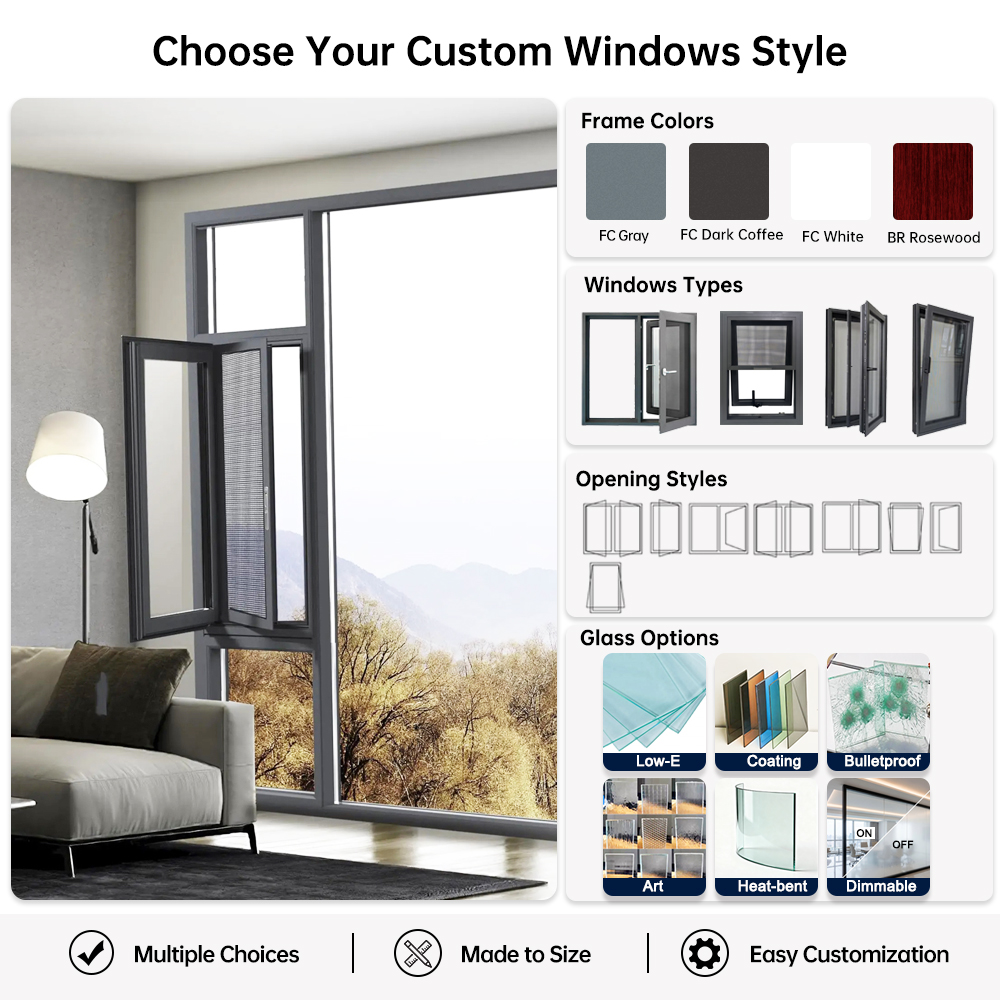 EEHE Modern Arched Thermal Insulation Casement Windows Aluminum NFRC Certified Double Glazed Soundproof Swing Windows For Villa