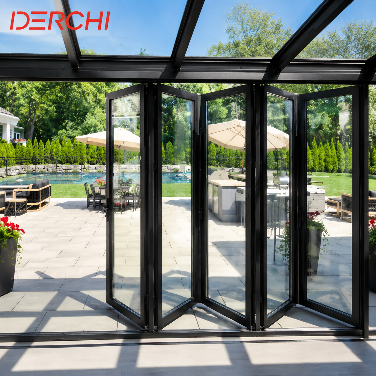 Modern High Aluminum Double Glass Accordion Large Big Bifold Long Bi Fold Sliding Exterior Main Entrance Patio Folding Door