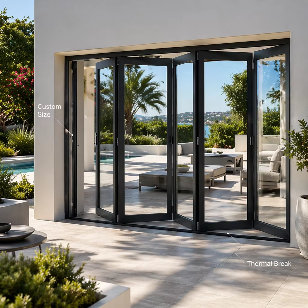 Modern Aluminium Patio Folding Doors Thermal Break Double Tempered Glass Exterior Entry Foldable Villa Door Waterproof Bi-fold