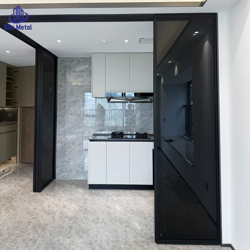 Modern Home Interior Open-Concept Kitchen L-shaped Sliding Door Custom Wholesale Black Aluminum Frame Tempered Glass Doors