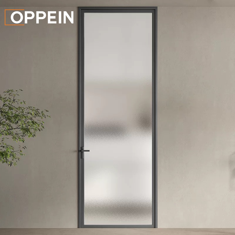 OPPEIN Modern Frosted Glass Interior Door Slim Aluminum Frame Privacy Door for Hotel Apartment Commercial Project Contractor