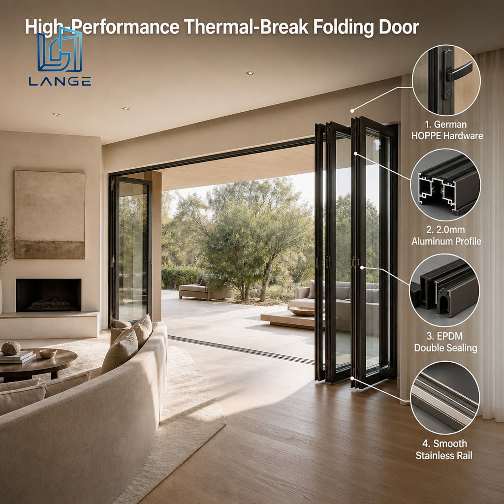 Modern Thermal Break Aluminum Folding Door Double Glazed Bi-fold Patio Door for Residential Villa