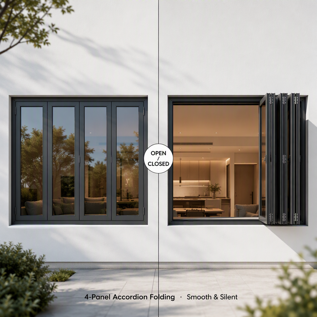 Balcony Residential Bi-Fold Window Aluminum Thermal Break 5+20A+5 Low-E Soundproof Hurricane Resistant CE NFRC For Home