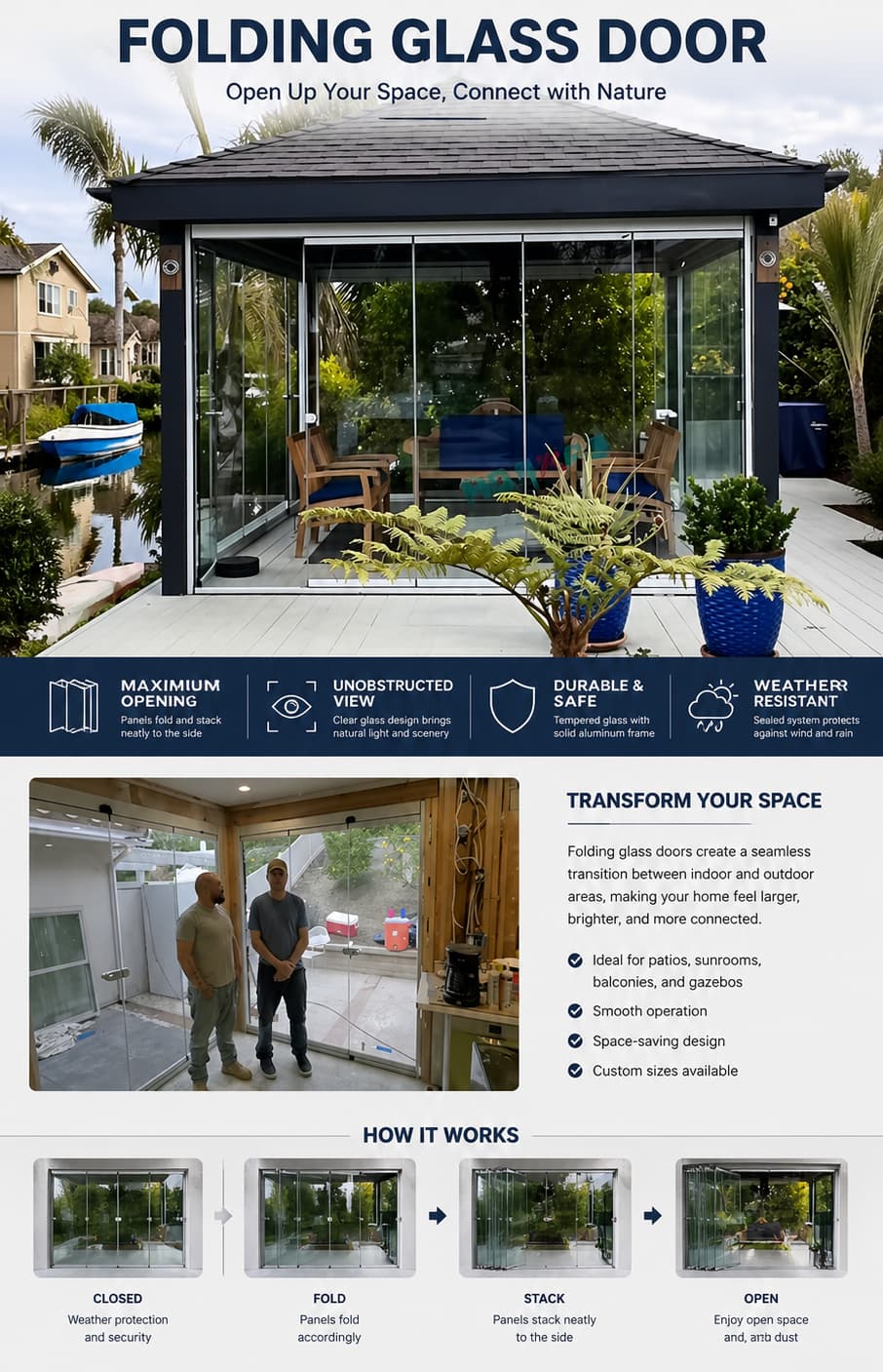 Accordion Folding Glass Door Aluminum Sliding Glass Doors Frameless Folding Glass Doors Accessories Bi-fold Sliding System
