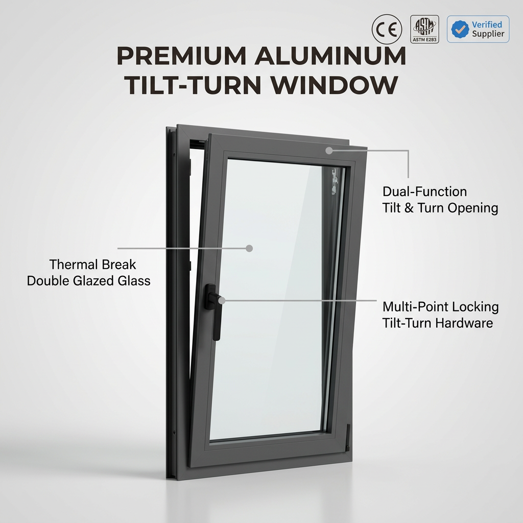 Casement Window for Balcony Terrace Aluminium Double Glazed Side Hung Glass Windows for Modern Villa House