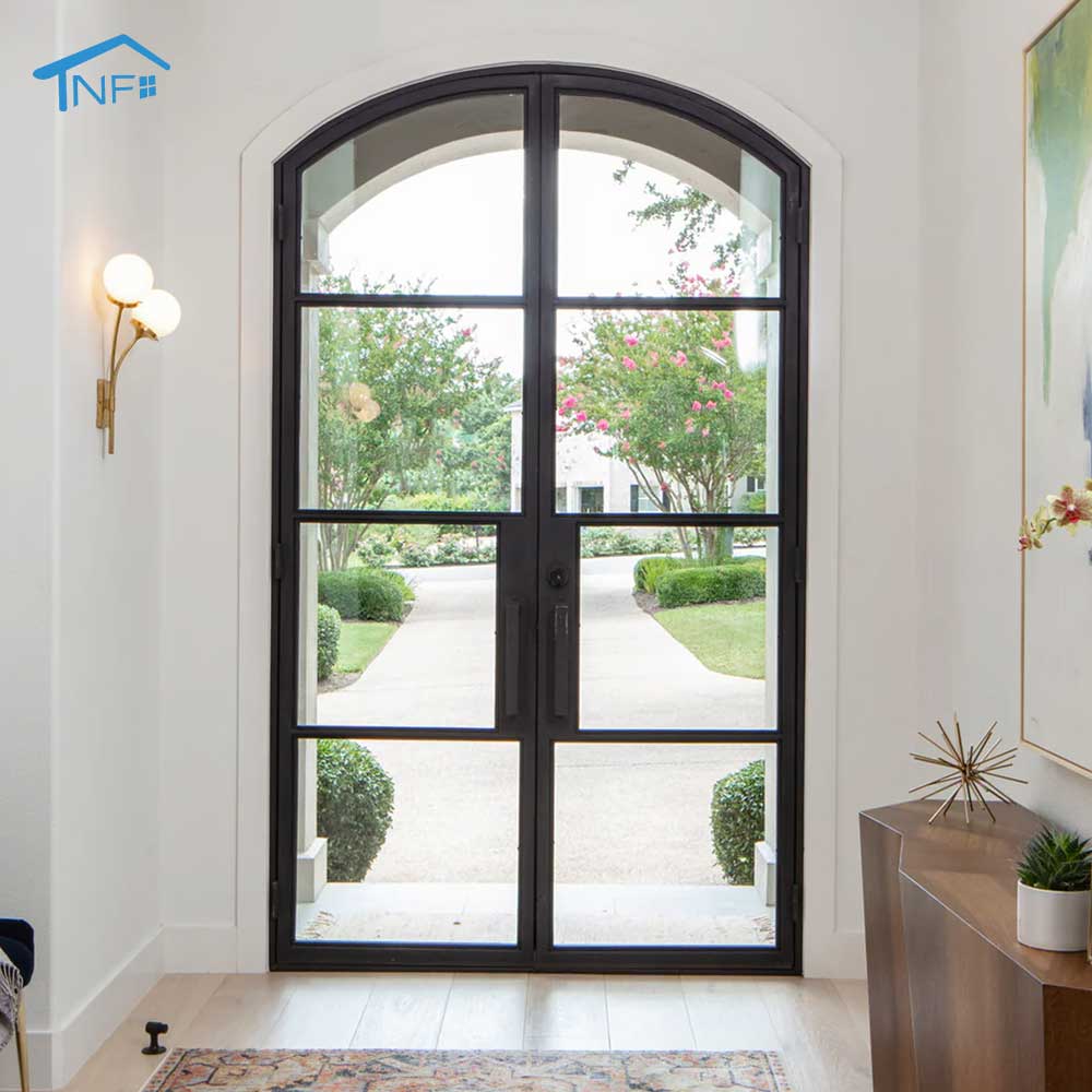 Arched Aluminum Frame Iron Design Entry Double Tempered Glass Exterior French Door Grill with Digital Lock