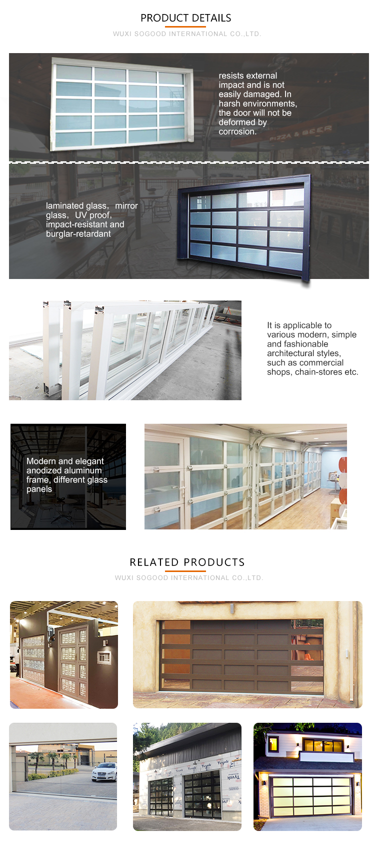 Clear Acrylic Decorative Garage Door Aluminum Alloy Frameless Design Commercial Glass Doors for Sectional Villa