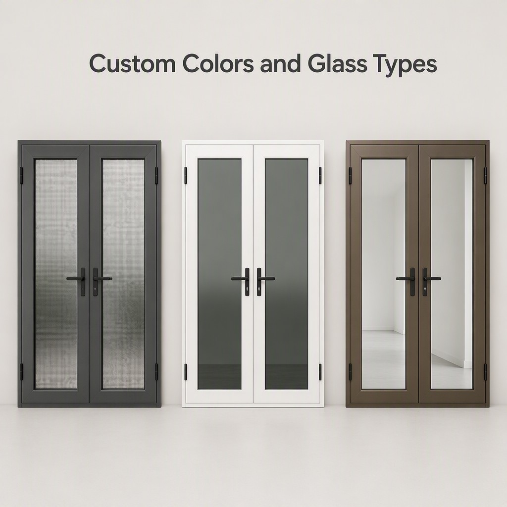 Verified High Quality Custom Inward Open Double Aluminum Casement Door with Fiberglass Anti-Mosquito Screen and Frosted Glass