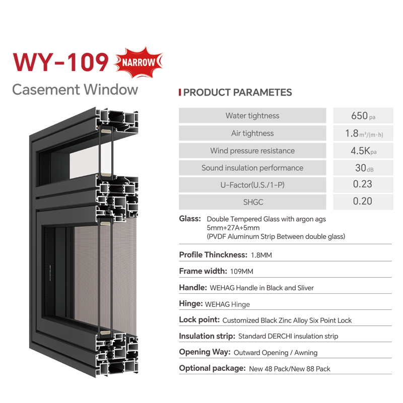 DERCHI Factory Direct Sales Tinted Aluminum Casement Windows Outward Thermal Break Casement Windows For House