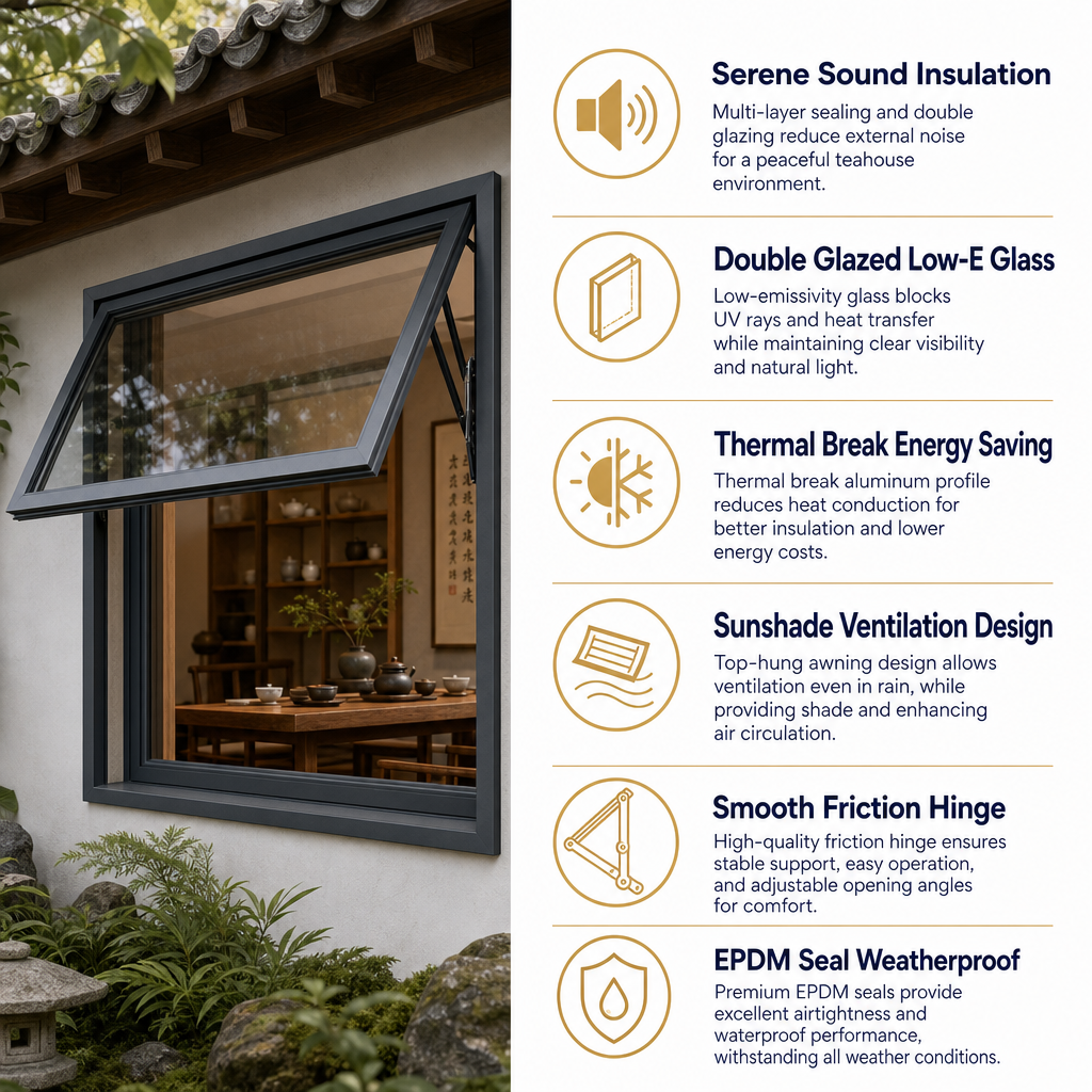 Factory Direct Vertical Awning Window Double Glazed Low-E Glass Thermal Break Soundproof AS2047 CE NFRC Exterior Teashop