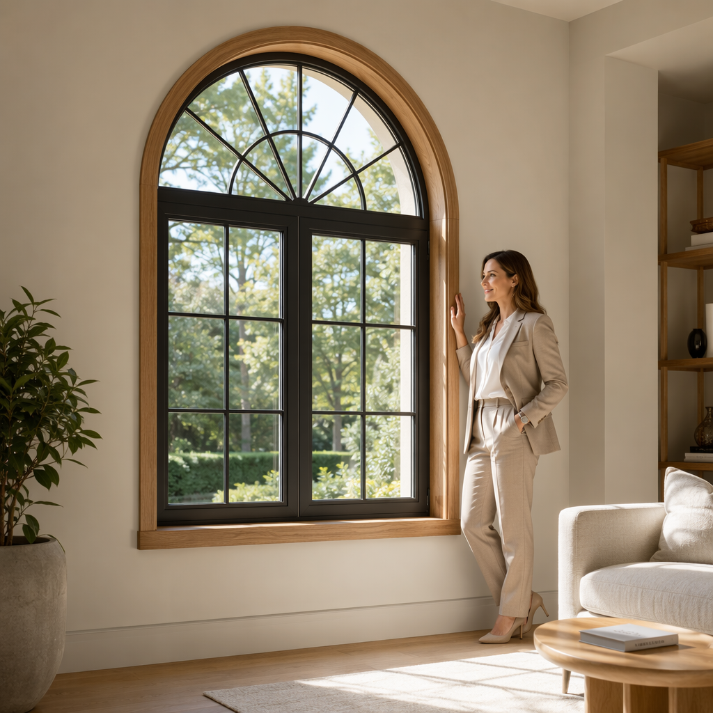 Arched Aluminum Clad Wood Window Sunburst Fanlight Thermal Break Composite Material Interior Modern Villa Custom Size Double