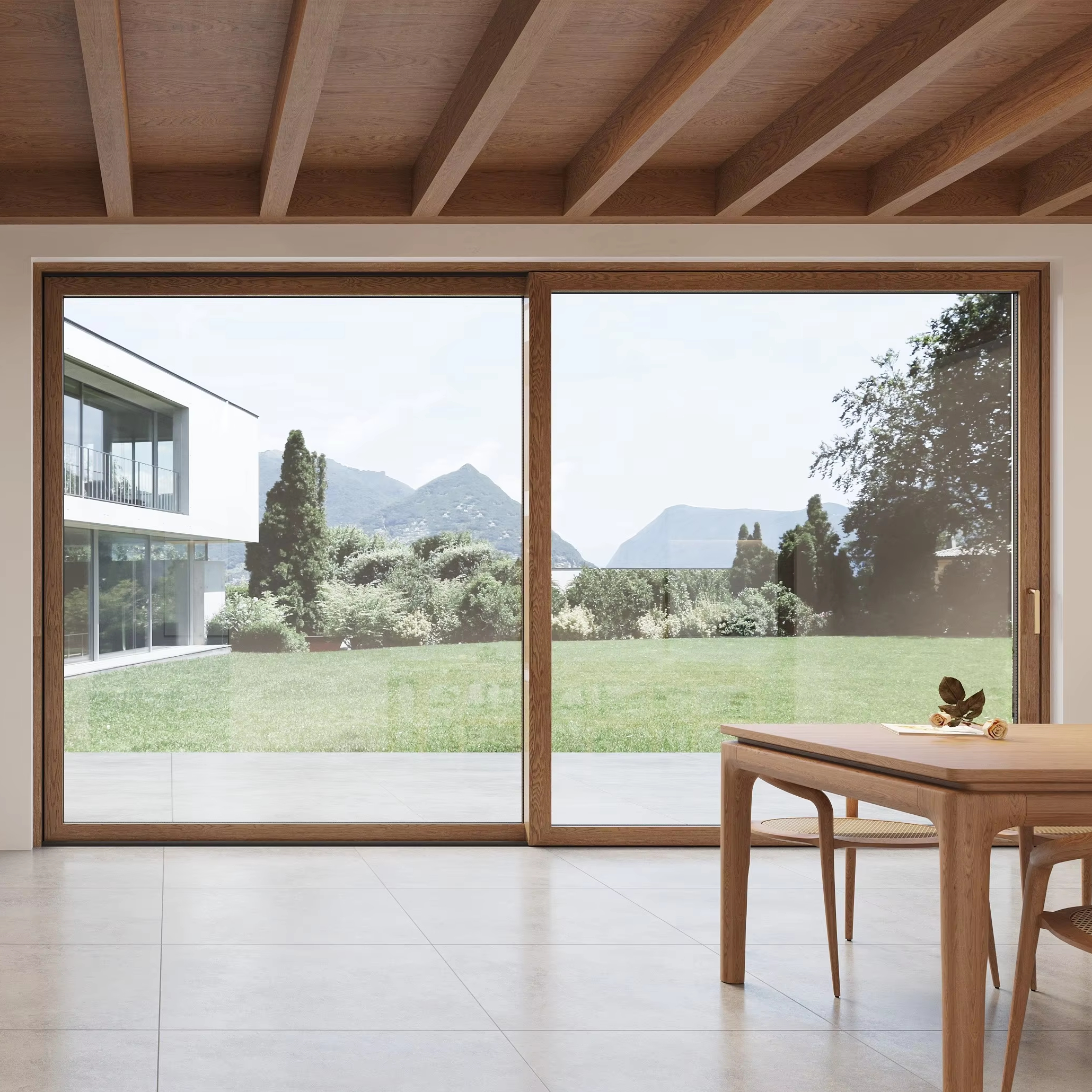 LEAWOD MLT155 Modern Luxury Aluminum Wood Composite Sliding Door Double Tempered Glass Thermal Insulation Customizable Size