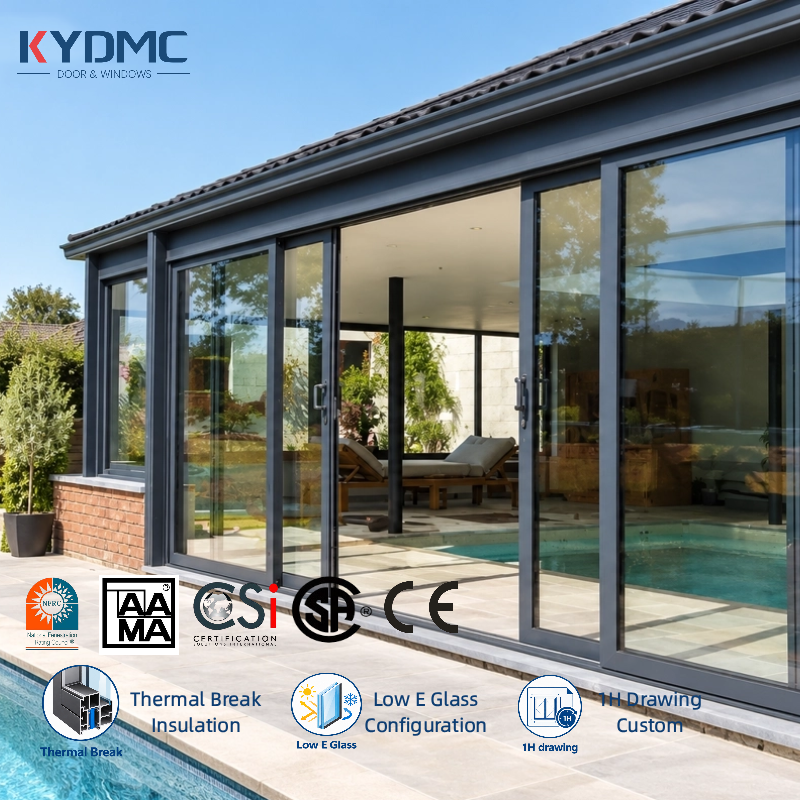 Courtyard Entry Sliding Doors Thermal Insulation Double Tempered Glass Aluminium Glass Patio Sliding Doors