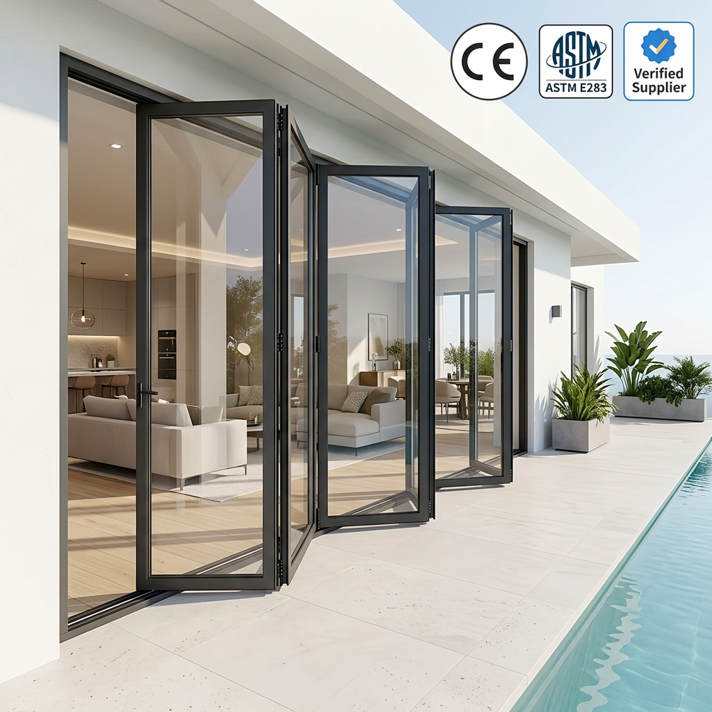 Modern Soundproof Office Partition Aluminum Folding Door Double Glazed Bi-fold Door Custom Size Safety Glass Black Frame