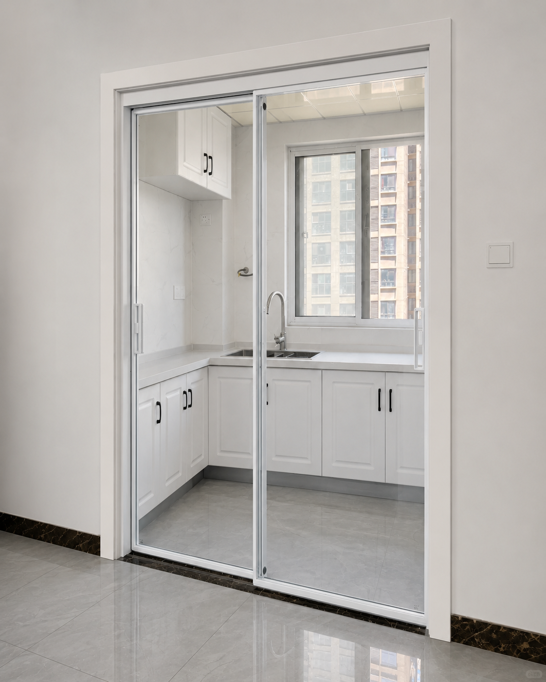 Factory Custom White Aluminum Kitchen Sliding Door 2 Panel Glass Balcony Partition Door