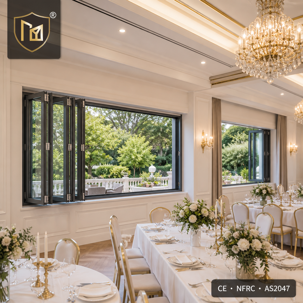 JUNYAO Factory Hurricane Impact Windproof Accordion Folding Window PA66 5+20A+5 Energy Saving NFRC for Event Project