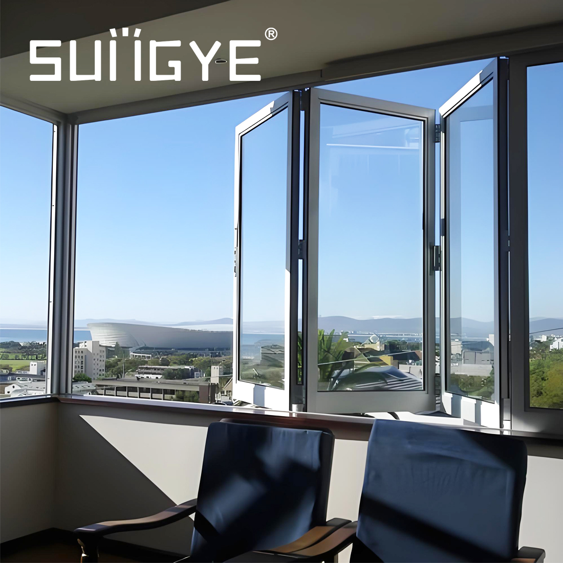 SUNGYE Aluminum Bi Folding Accordion windows Tempered Glass Balcony Foldable Sliding Windows Kitchen Folding Window With Grill