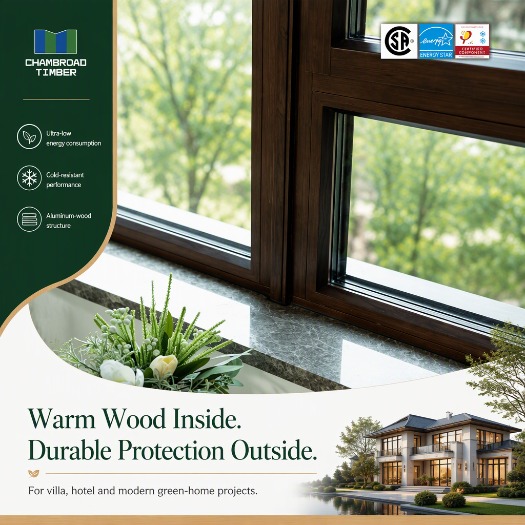 CHAMBROAD Aluminum Wood Composite Window Double Glazed Low-E Glass German Fittings Anti Hurricane CE Certified for Villa