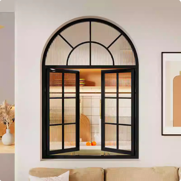 Premium French Style Arched Aluminium Alloy Casement Window Fluted Glass for Residential Interior