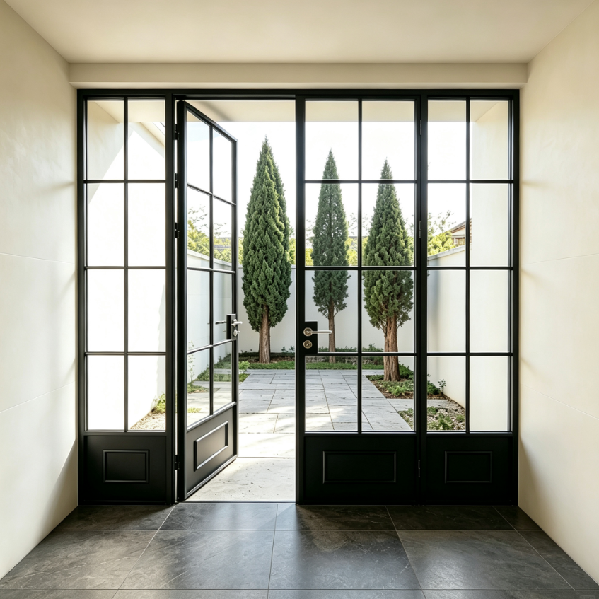Black Crittall Style Aluminum Exterior Door System Four Panel Glass Grid With Solid Kickplate and Chrome Hardware