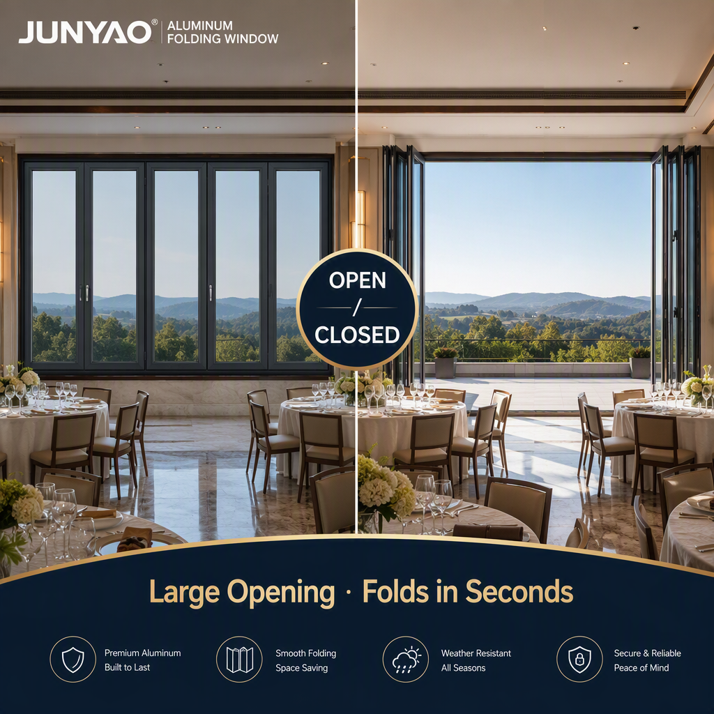 JUNYAO Factory Hurricane Impact Windproof Accordion Folding Window PA66 5+20A+5 Energy Saving NFRC for Event Project