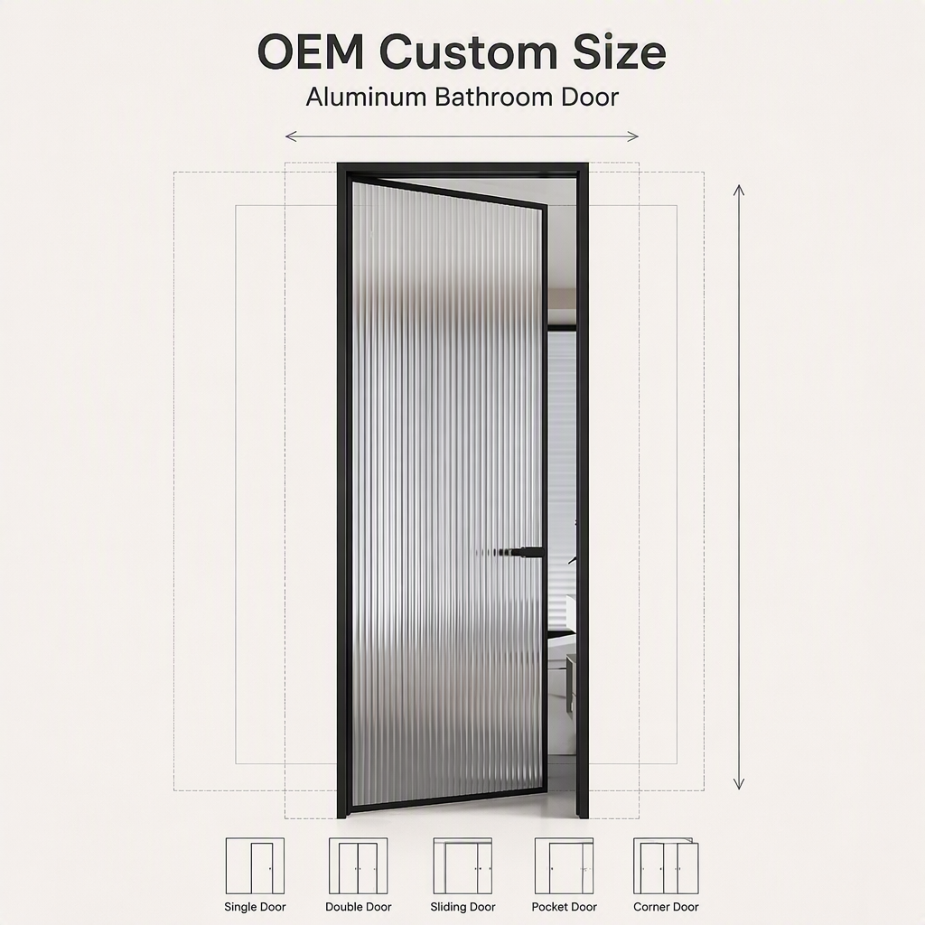 Thermal Break Aluminum Bathroom Door Ribbed Tempered Glass Interior Swing Door Waterproof Custom Size for Hotel Apartment