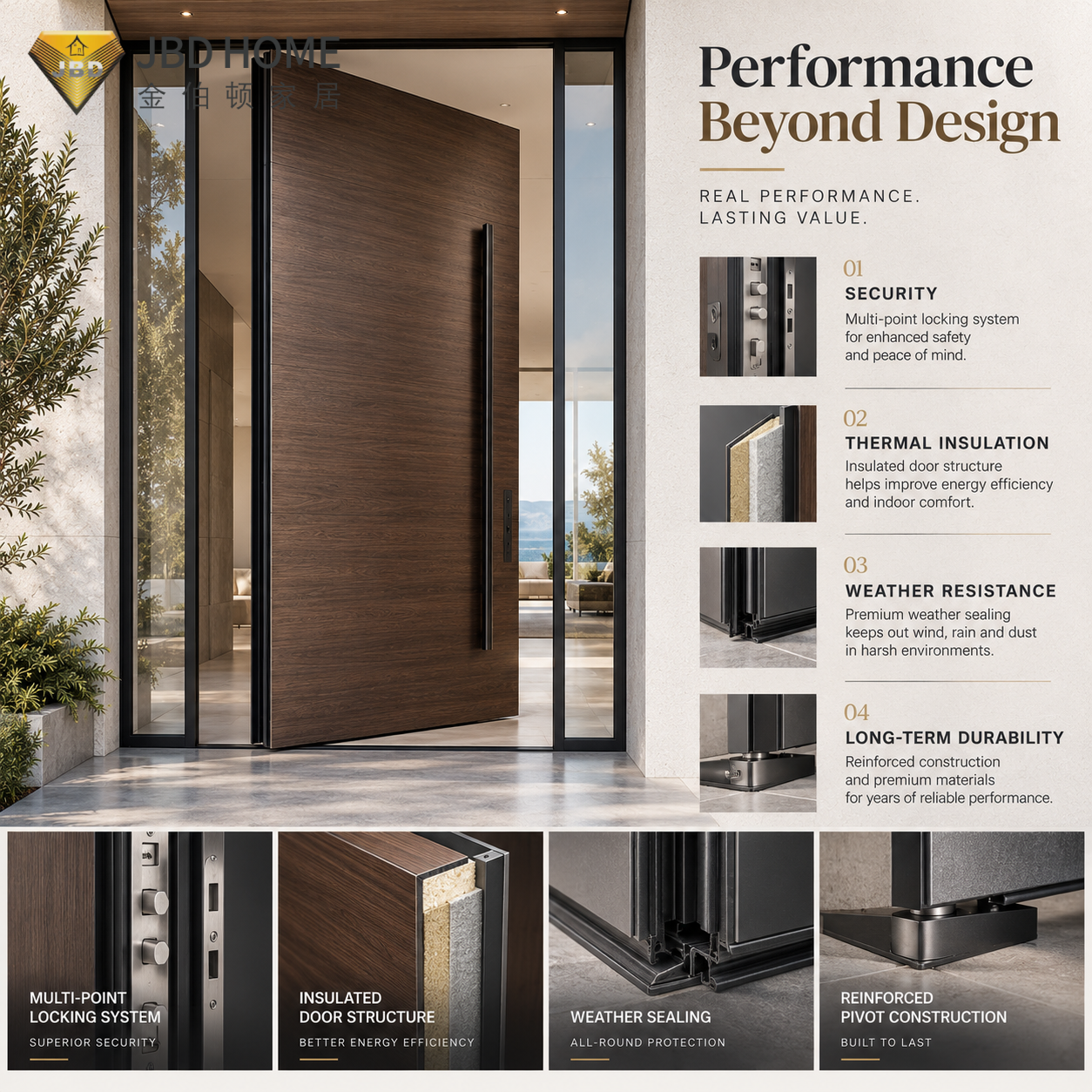Modern Aluminum Pivot Door With Heavy Duty Hinge - High Security Front Entry Pivot Doors For Luxury Villa Entrance