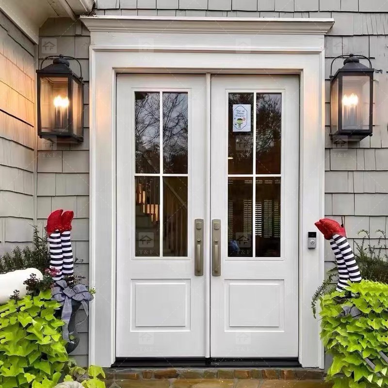 Modern Anti-Theft Double Layer Tempered Glass Front Main Entry Doors French Style Aluminum Alloy &amp; Wood Black for Villas