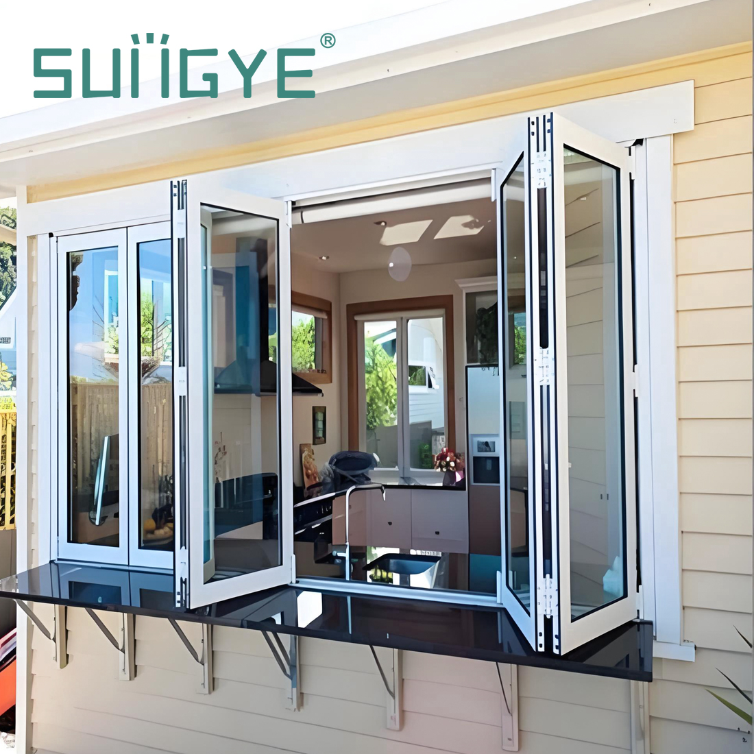 SUNGYE Aluminum Bi Folding Accordion windows Tempered Glass Balcony Foldable Sliding Windows Kitchen Folding Window With Grill