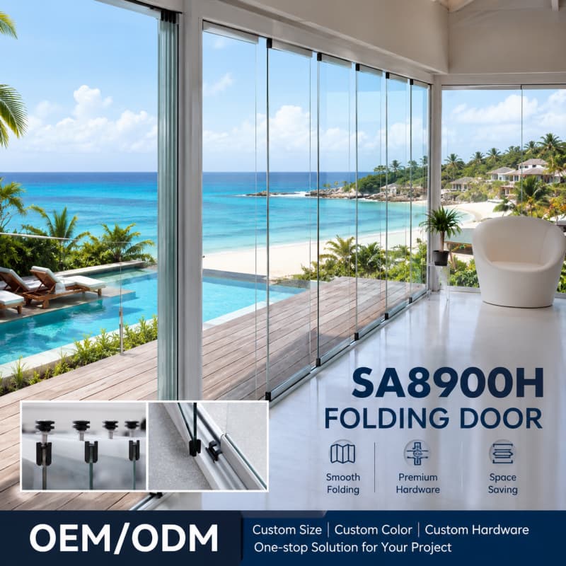 Full View Exterior Folding Bi-Fold Sliding Glass Balcony Window System with Aluminum Frame Folding Door