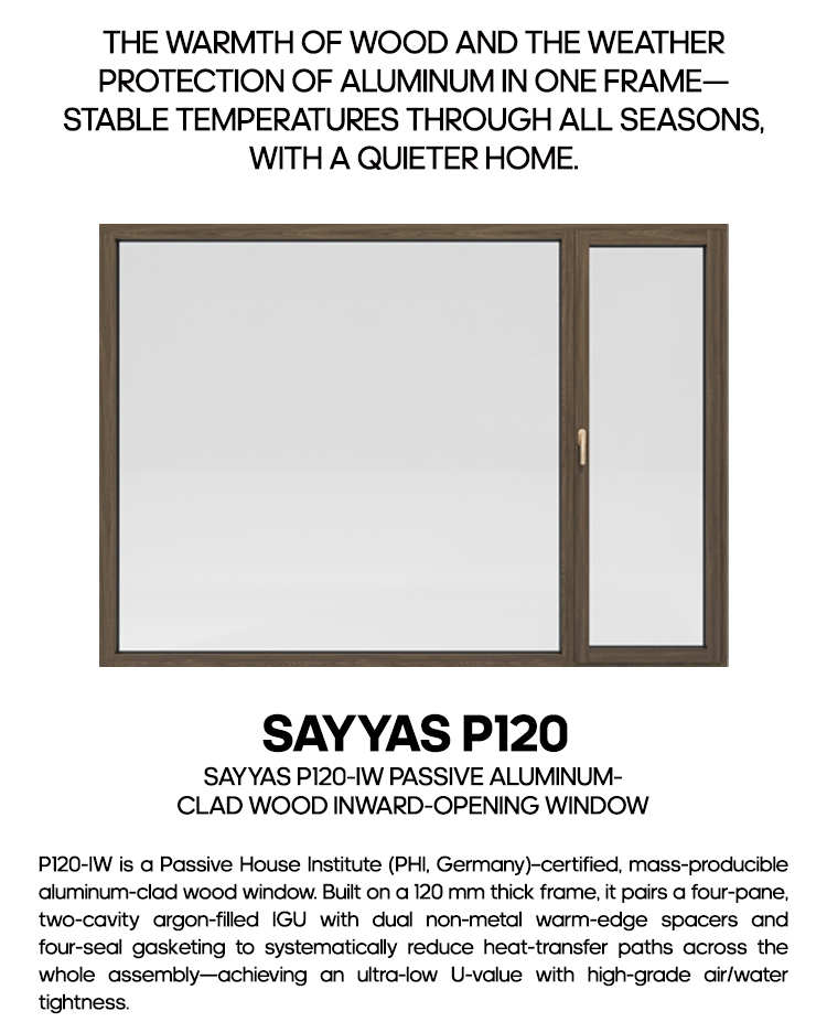 Sayyas Windows P120 Modern PHI Certified Energy Efficient Alu-Wood Composite Soundproof Heat Insulation Windows Kitchen Bathroom