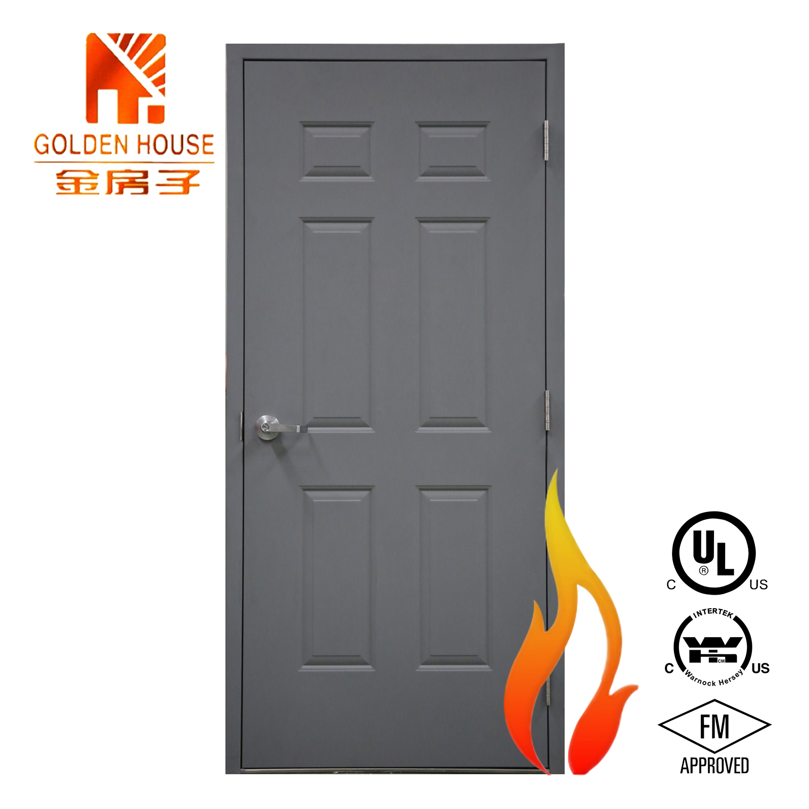 Wh Intertek 90 Mins Fireproof Steel and Glass Door 6 Panel Embossed Hollow Metal Fire Rated Commercial Hospital Modern Finished